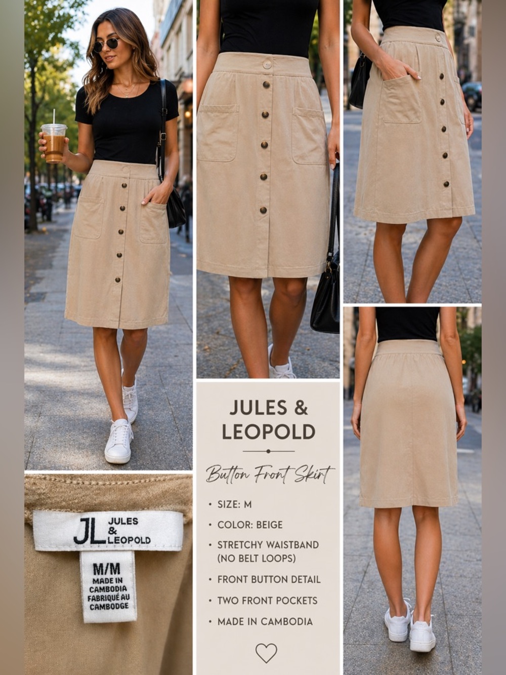 Jules & Leopold Beige Button-Front Midi Skirt with Pockets